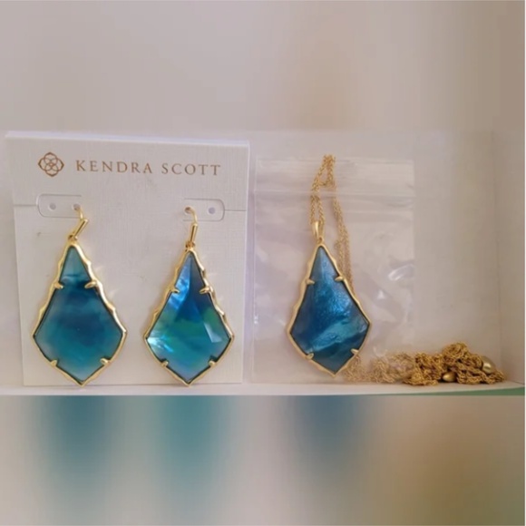 Kendra Scott "Alex" Long Pendant/ Earring Set, Gold Teal Illusion NWOT - Picture 7 of 7